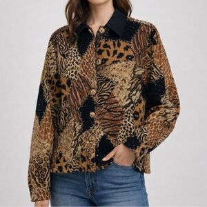 Moka Vintage Sequence Animal Print Patchwork Button Down Large Jacket